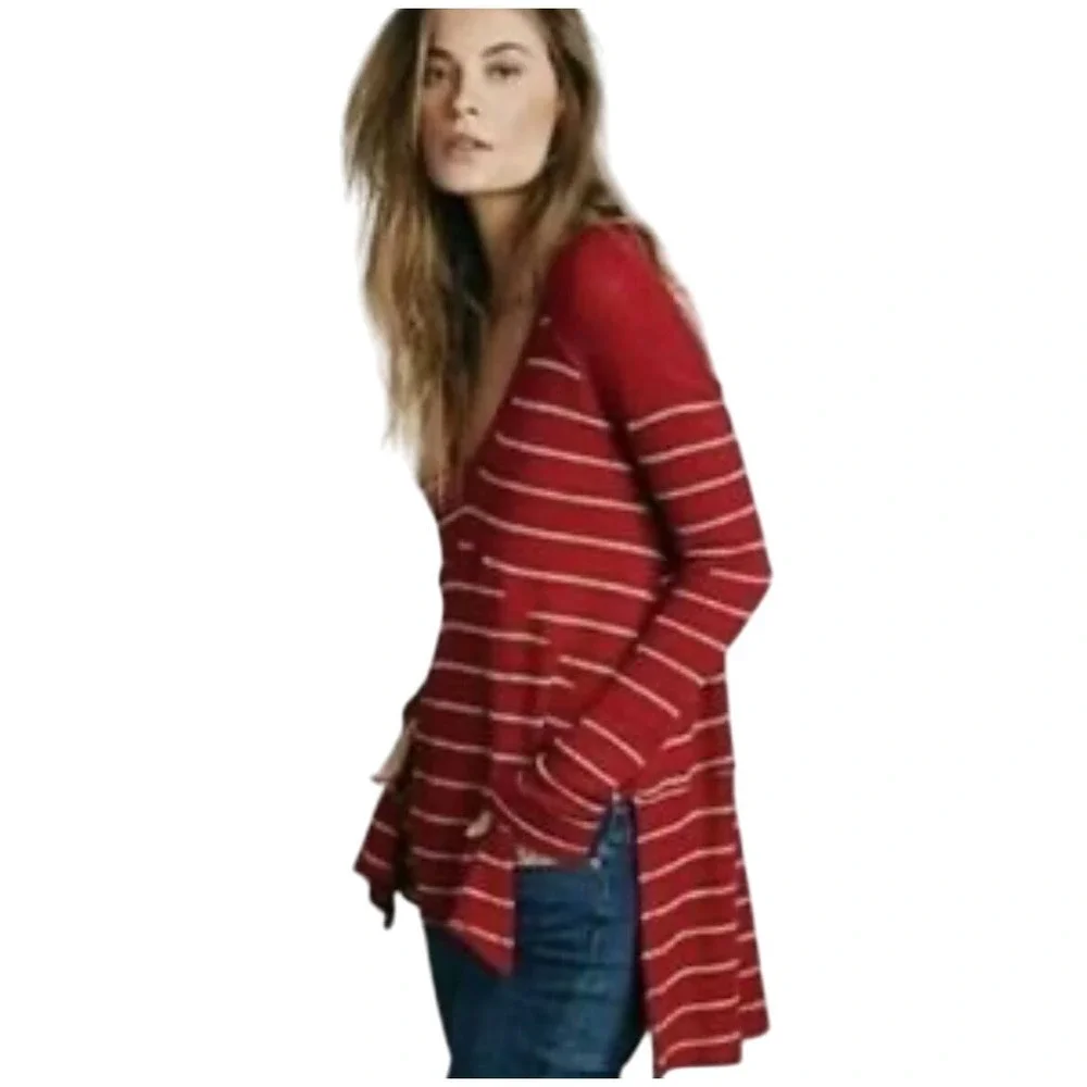 Free People Crimson‎ Striped Thermal Long Sleeve V Neck Casual Top Size Small